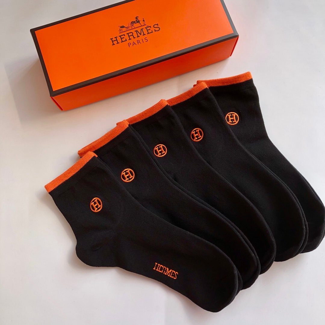 Hermes Orange Accent Mid-Calf Socks - 5-Pair Box