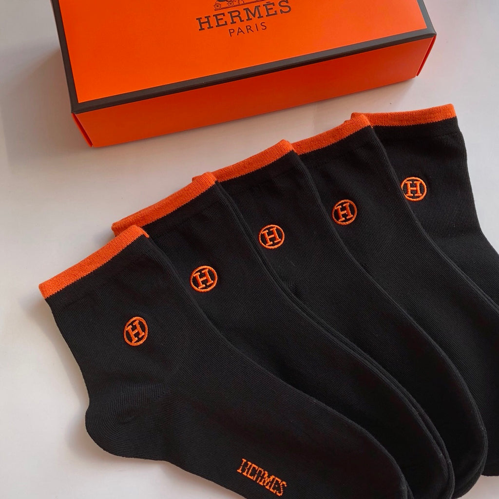 Hermes Orange Cuffs And Small Emblem Details Crew Socks - 5-Pair Set