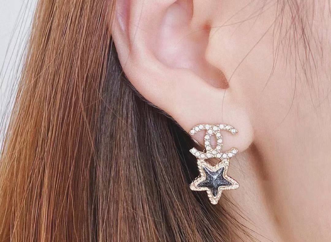 Double-C Emblem Crystal-Accent Stud Earrings – Star Detail front product view