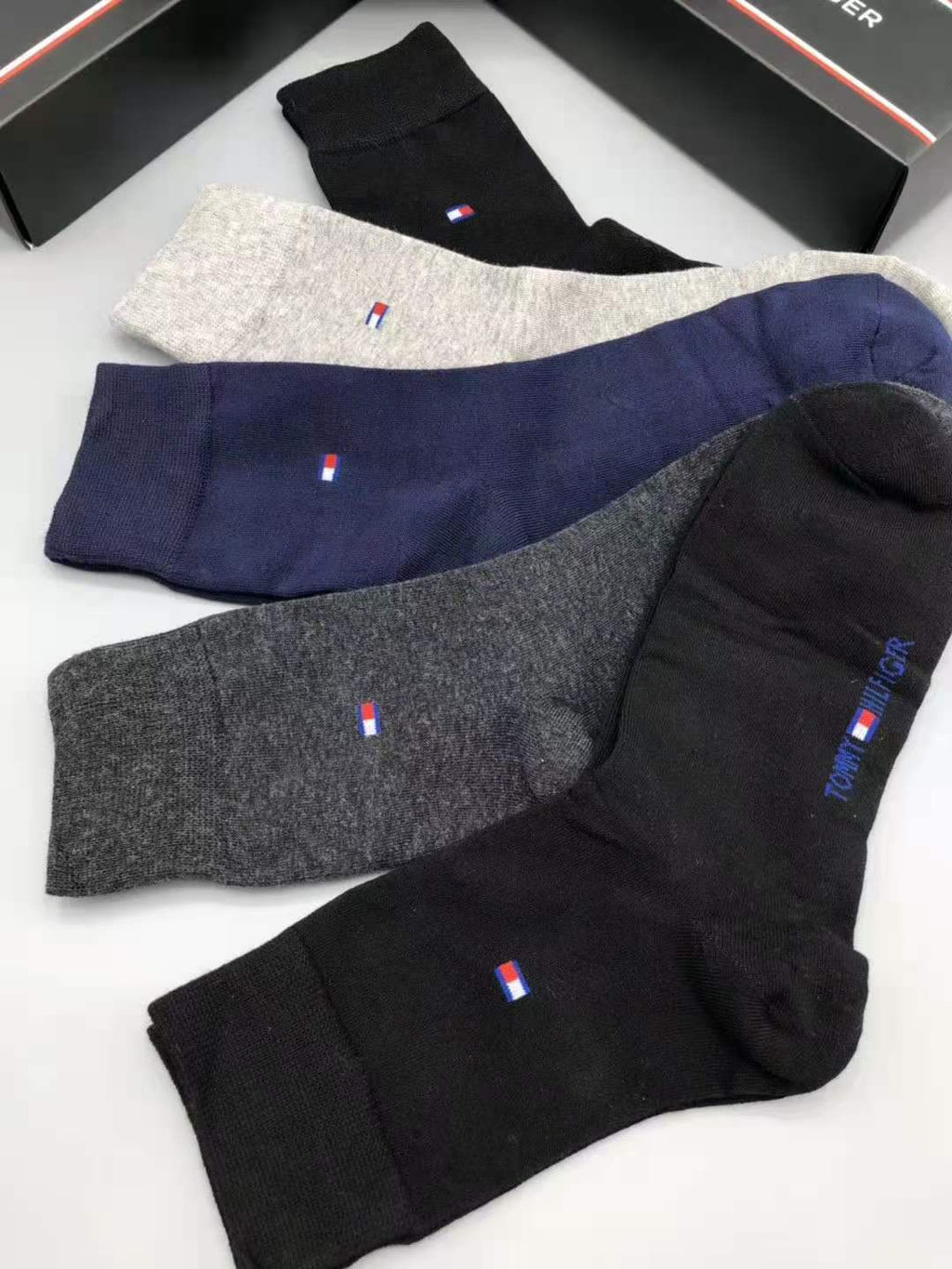 Tommy Hilfiger Cotton Visible Colour, Cuff And Emblem Details Crew Socks - 5-Pair Set