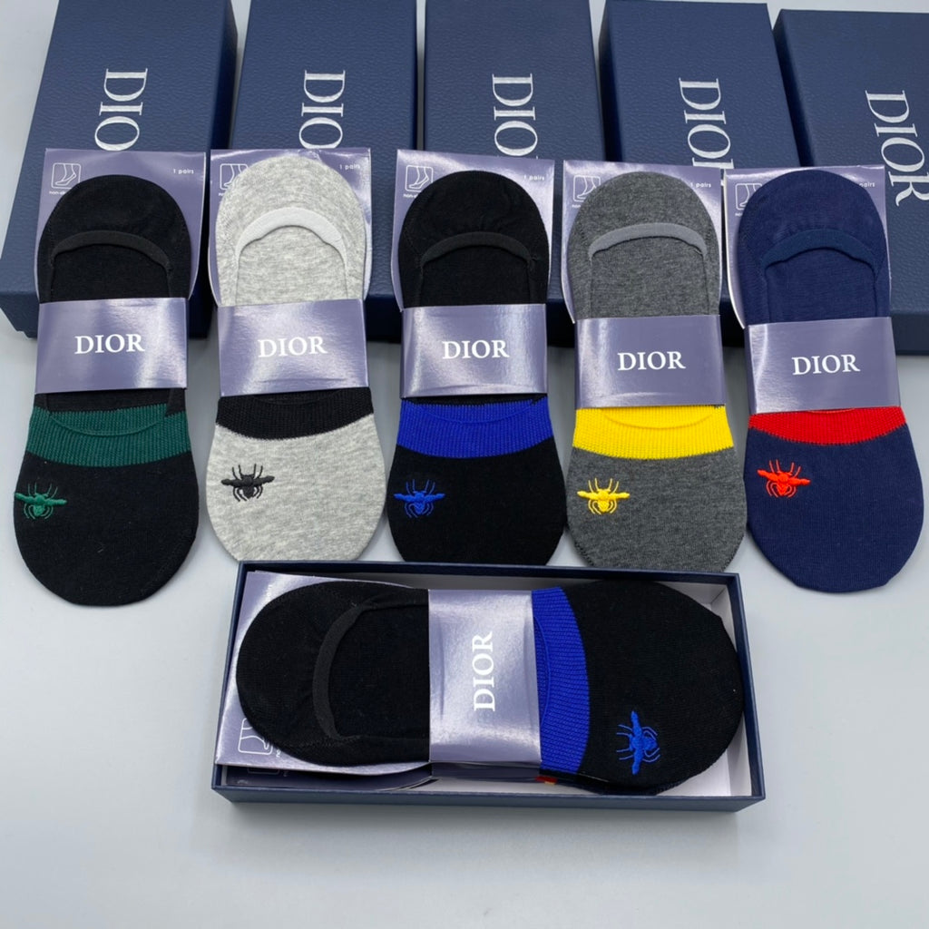 Dior Varied Stripe And Bee Details No-Show Socks - 5-Pair Set