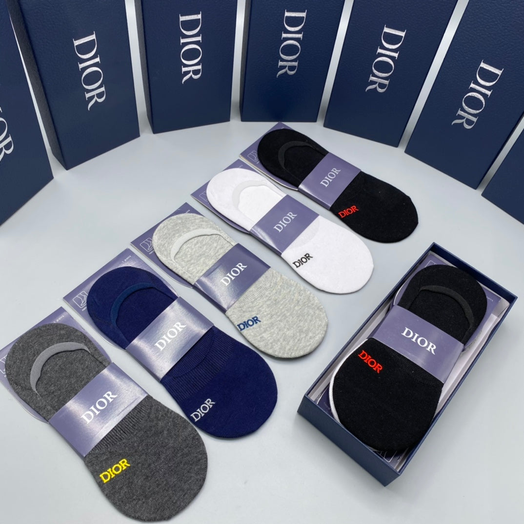 Dior Cotton Visible Colour, Cuff And Emblem Details No-Show Socks - 5-Pair Set
