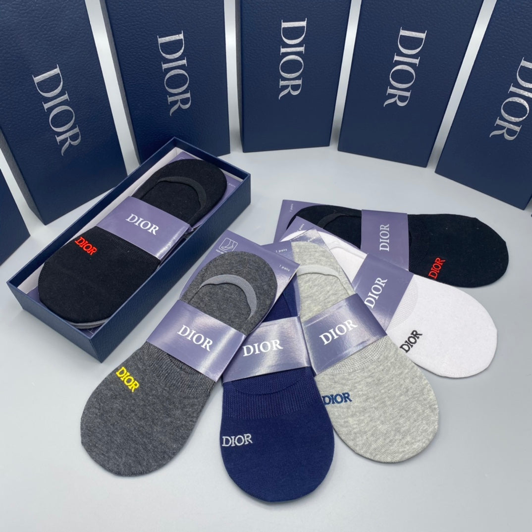 Dior Cotton Visible Colour, Cuff And Emblem Details No-Show Socks - 5-Pair Set