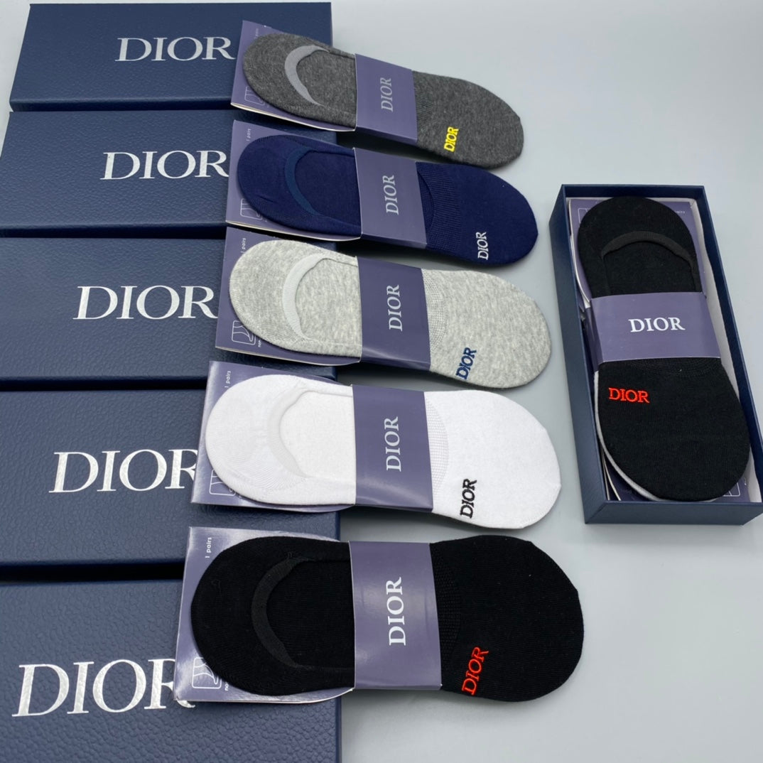 Dior Cotton Visible Colour, Cuff And Emblem Details No-Show Socks - 5-Pair Set