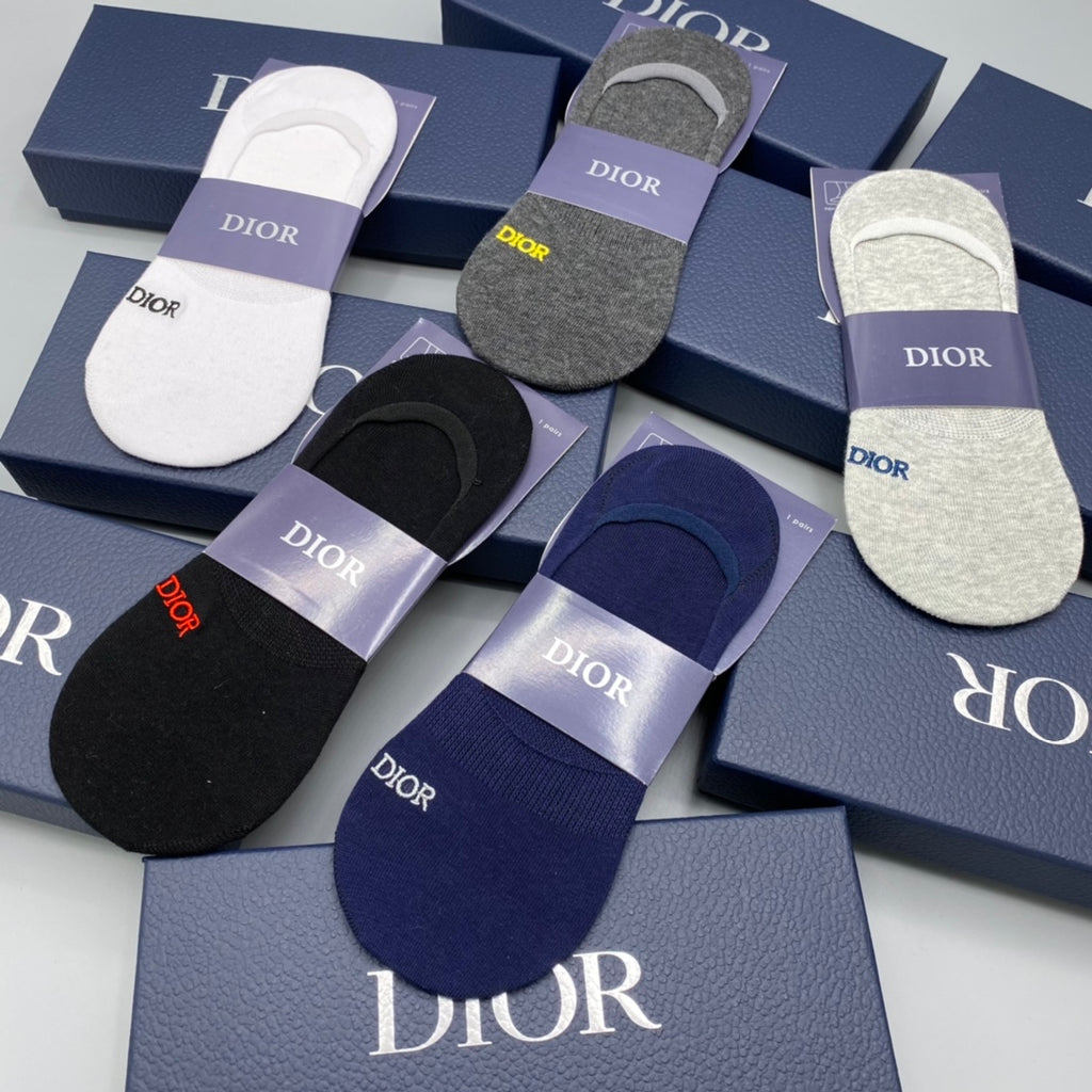 Dior Cotton Visible Colour, Cuff And Emblem Details No-Show Socks - 5-Pair Set