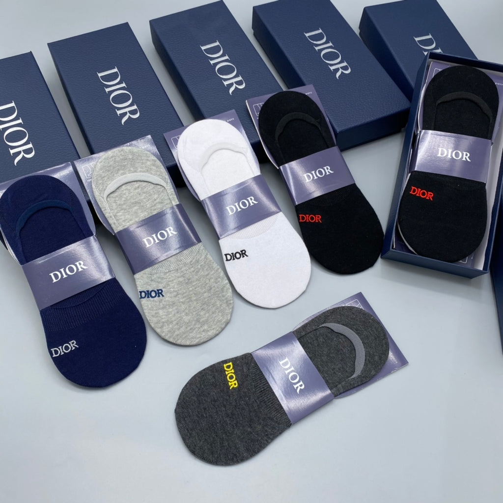 Dior Cotton Visible Colour, Cuff And Emblem Details No-Show Socks - 5-Pair Set