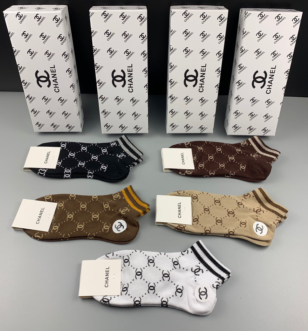 Chanel Cotton Mixed Stripes And Repeating Emblem Patterns Ankle Socks - 5-Pair Set