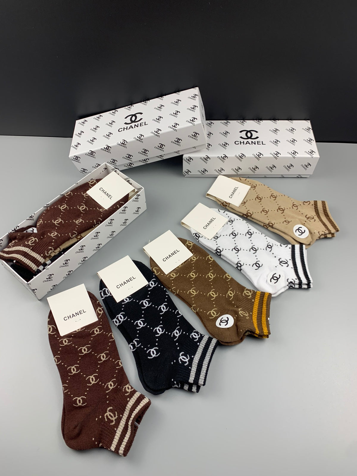 Chanel Crew Socks - Brown, Black, Grey, White and Beige 5-Pair Box