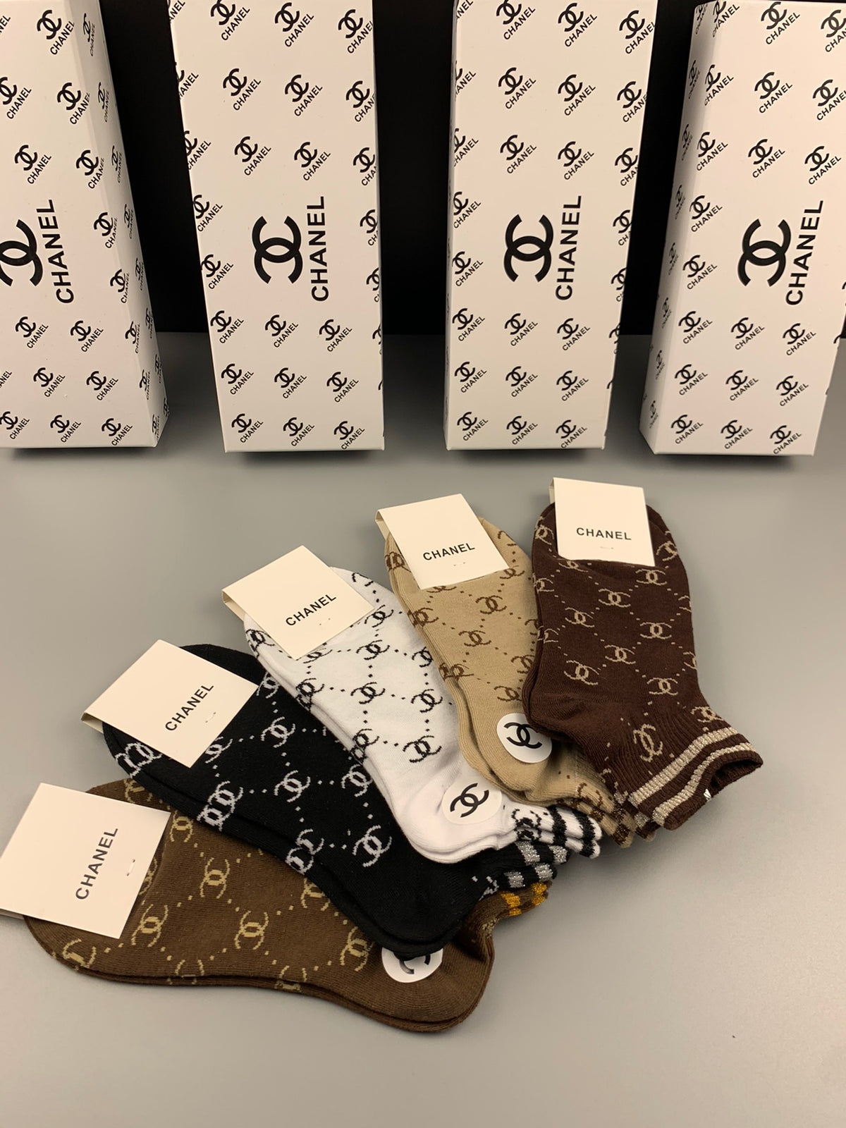 Chanel Crew Socks - Brown, Black, Grey, White and Beige 5-Pair Box