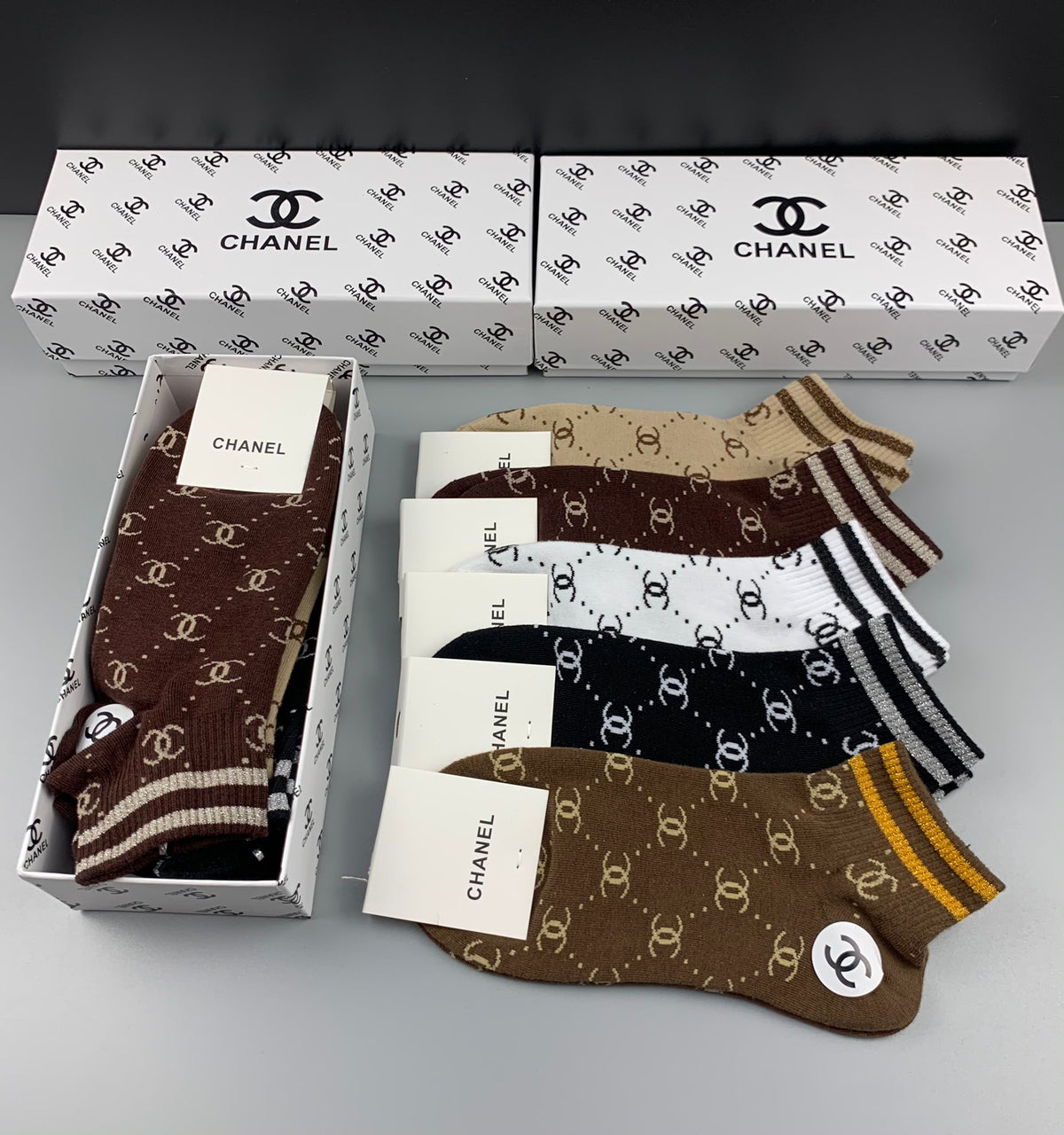 Chanel Crew Socks - Brown, Black, Grey, White and Beige 5-Pair Box