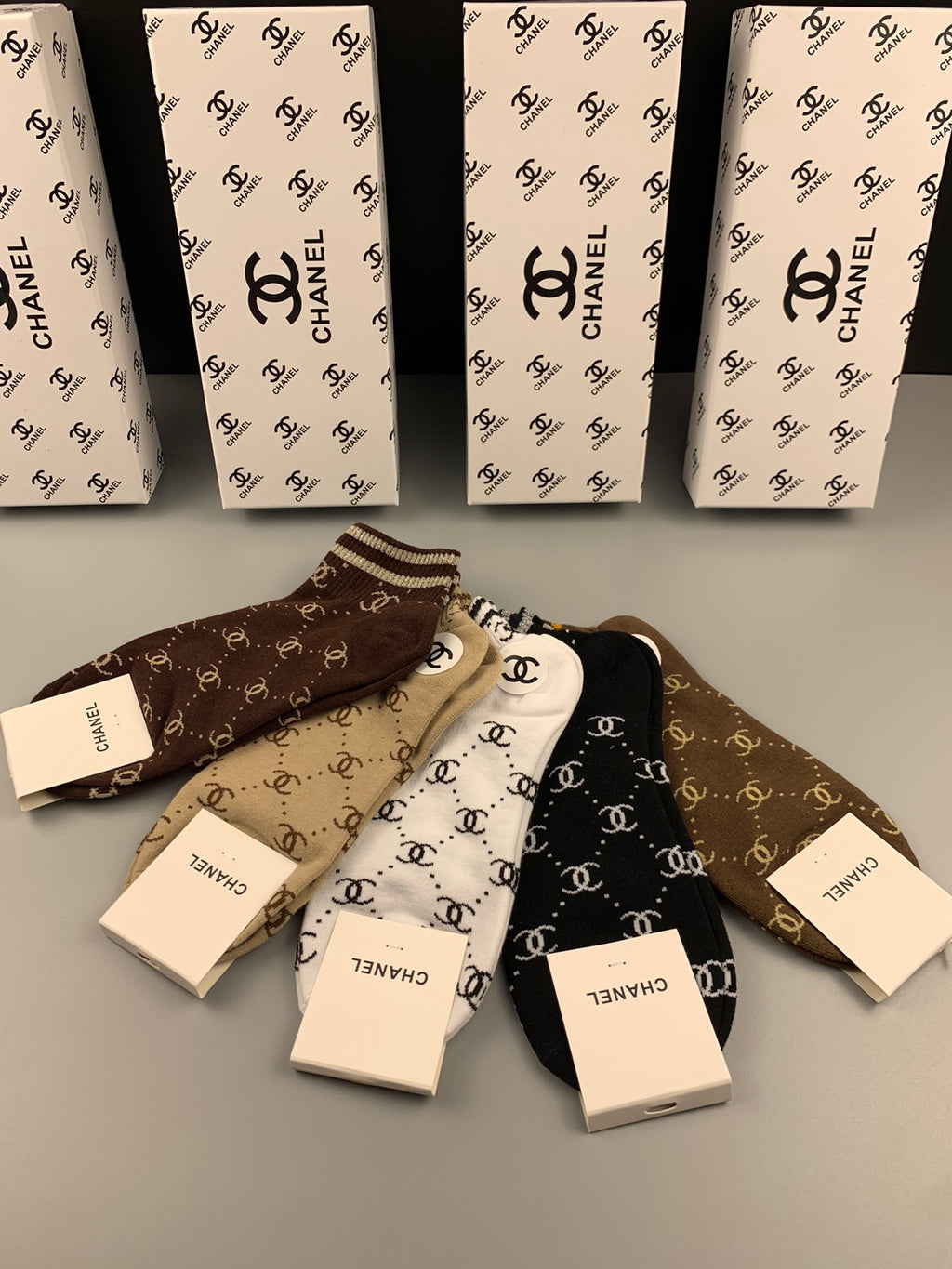 Chanel Crew Socks - Brown, Black, Grey, White and Beige 5-Pair Box