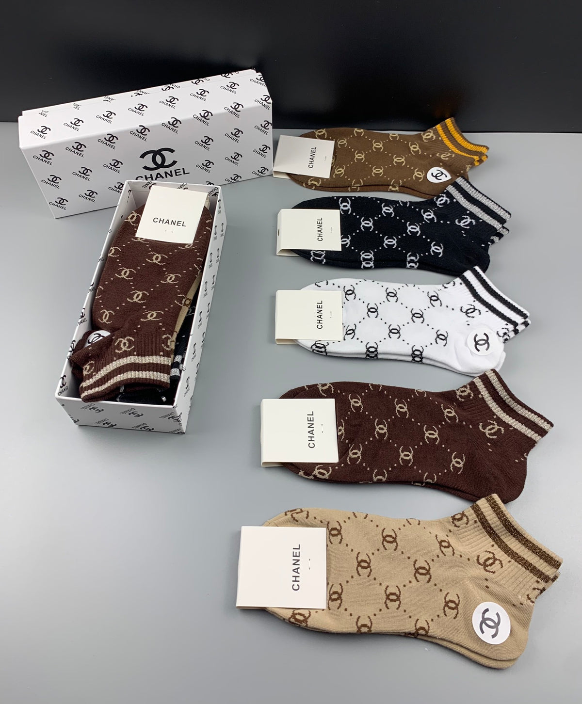 Chanel Crew Socks - Brown, Black, Grey, White and Beige 5-Pair Box