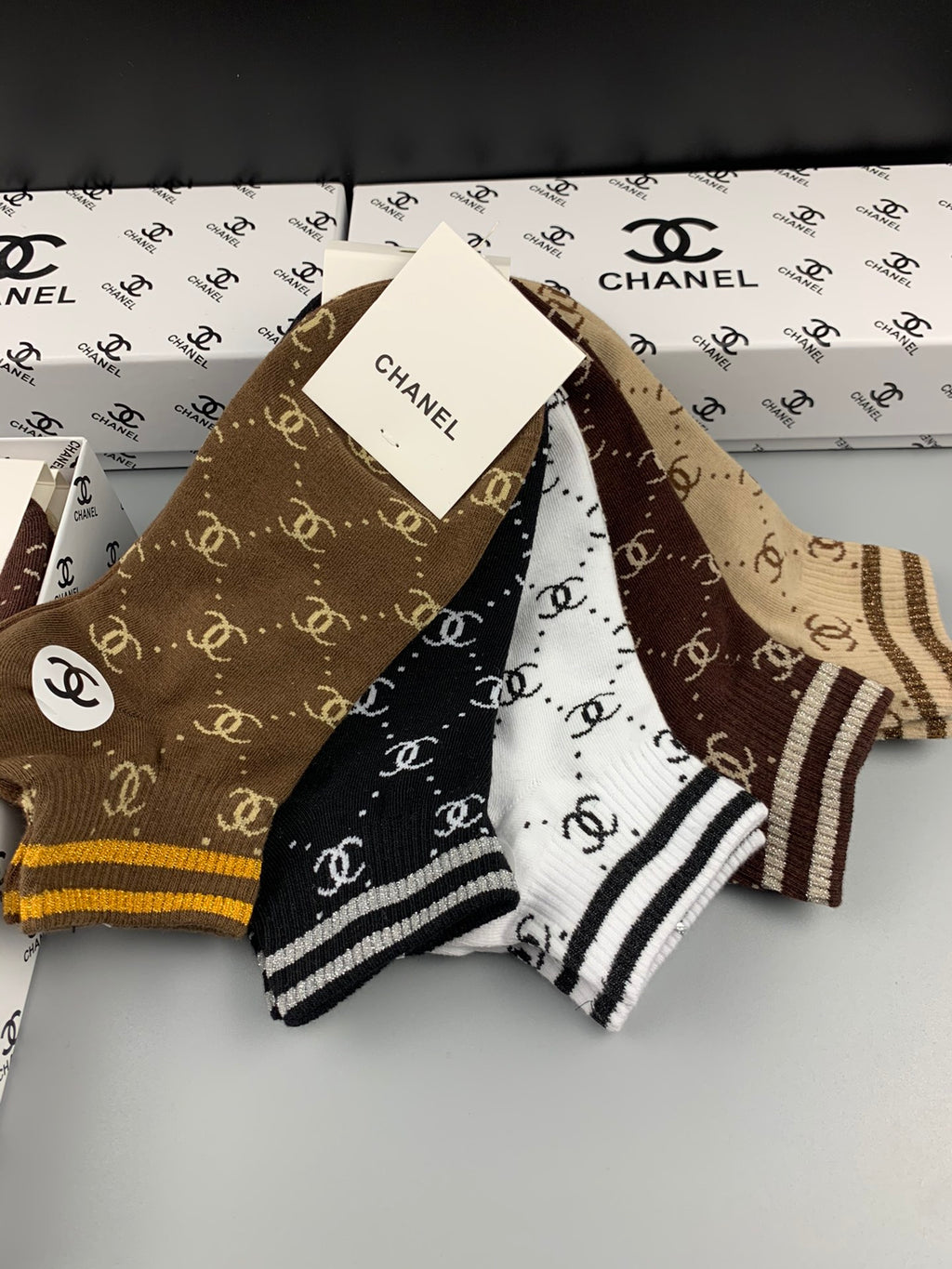 Chanel Crew Socks - Brown, Black, Grey, White and Beige 5-Pair Box
