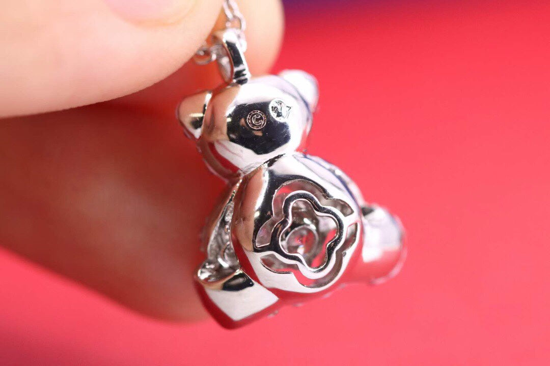 Teddy Bear Collarbone Necklace in Polished Metal-Tone side detail