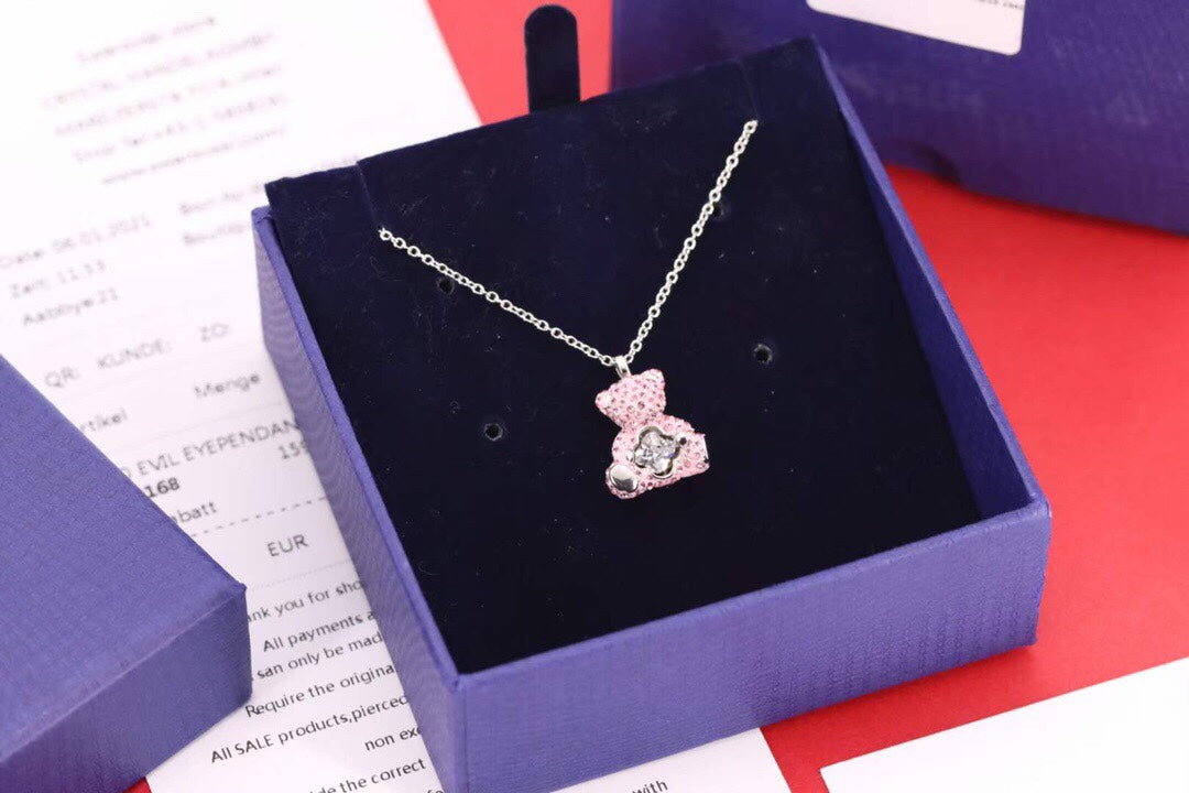 Teddy Bear Collarbone Necklace in Polished Metal-Tone close-up detail