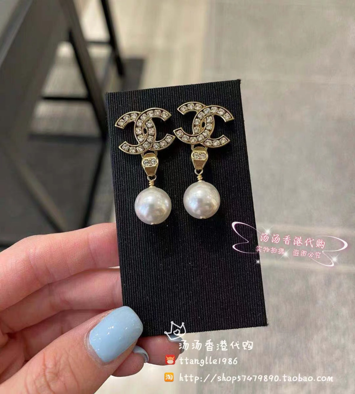 Double-C Emblem Pearl-Detail Stud Earrings – Pearl Detail – Design 015 front product view