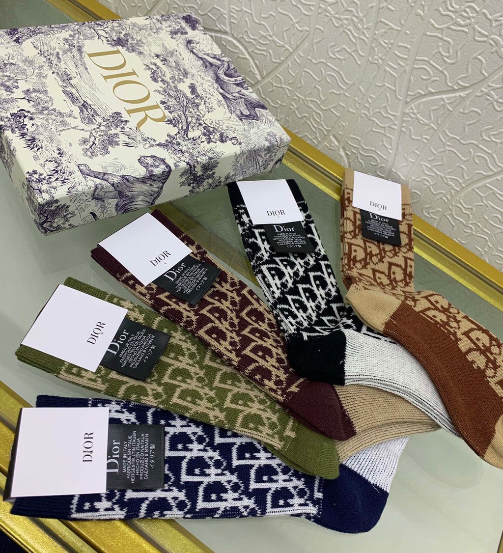 Dior Cotton Mixed All-Over Motifs Crew Socks - 5-Pair Set