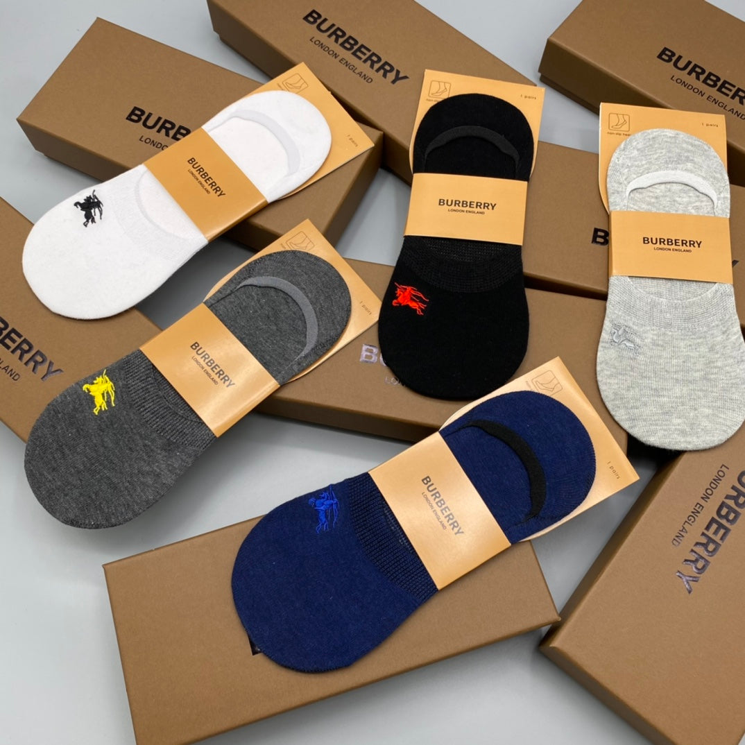 Burberry Cotton Visible Colour, Cuff And Emblem Details No-Show Socks - 5-Pair Set