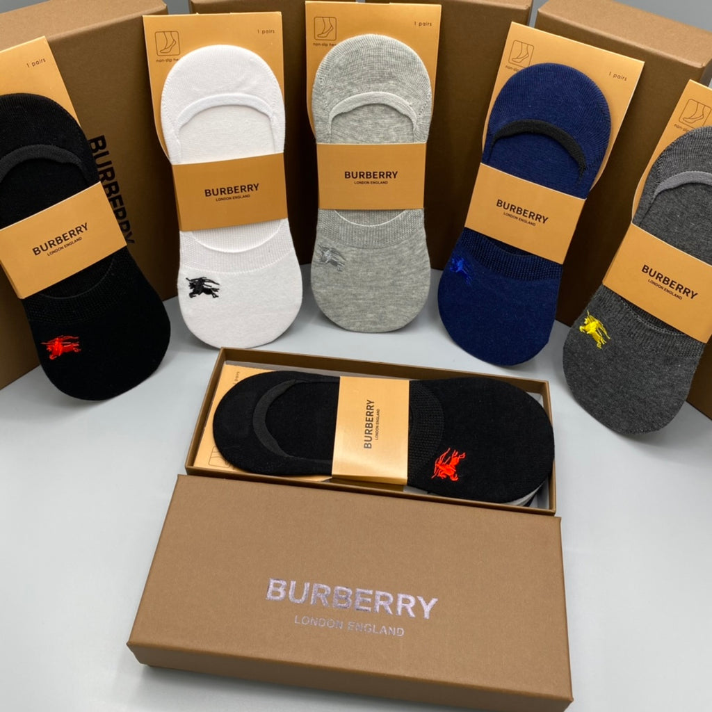 Burberry Cotton Visible Colour, Cuff And Emblem Details No-Show Socks - 5-Pair Set