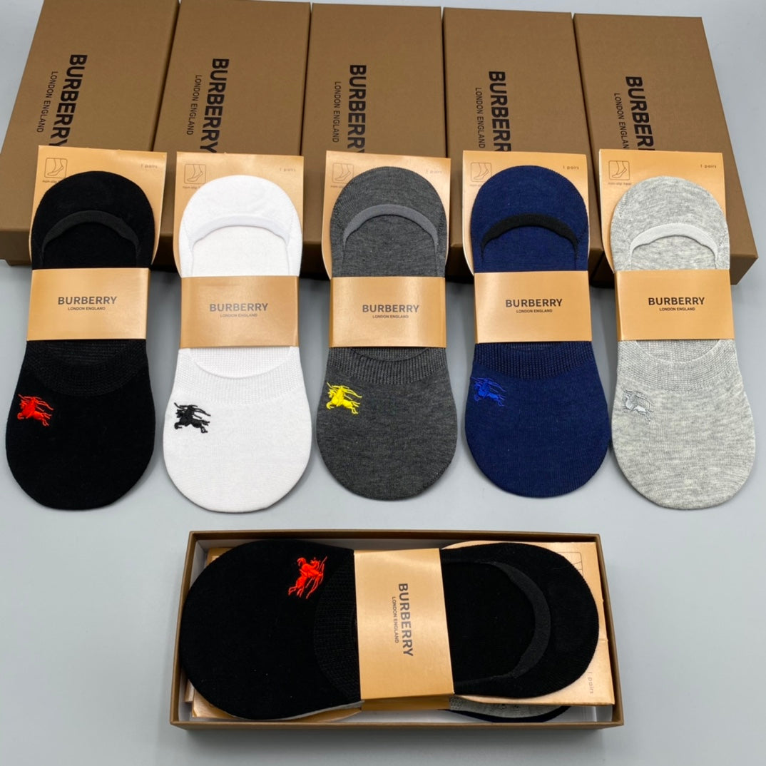Burberry Cotton Visible Cuff, Colour And Emblem Details No-Show Socks - 5-Pair Set