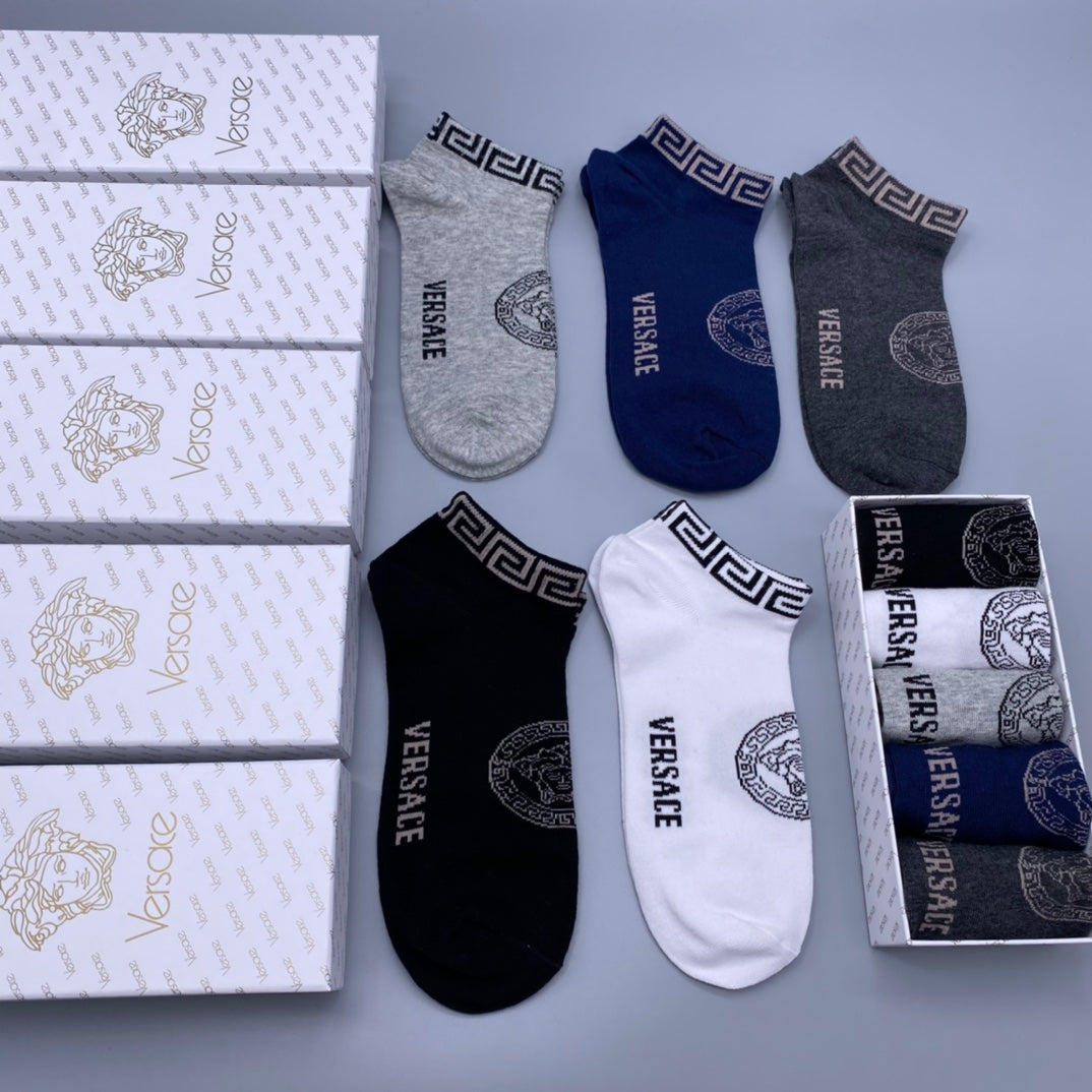 Versace Greek-Key And Letter Graphics Ankle Socks - 5-Pair Set