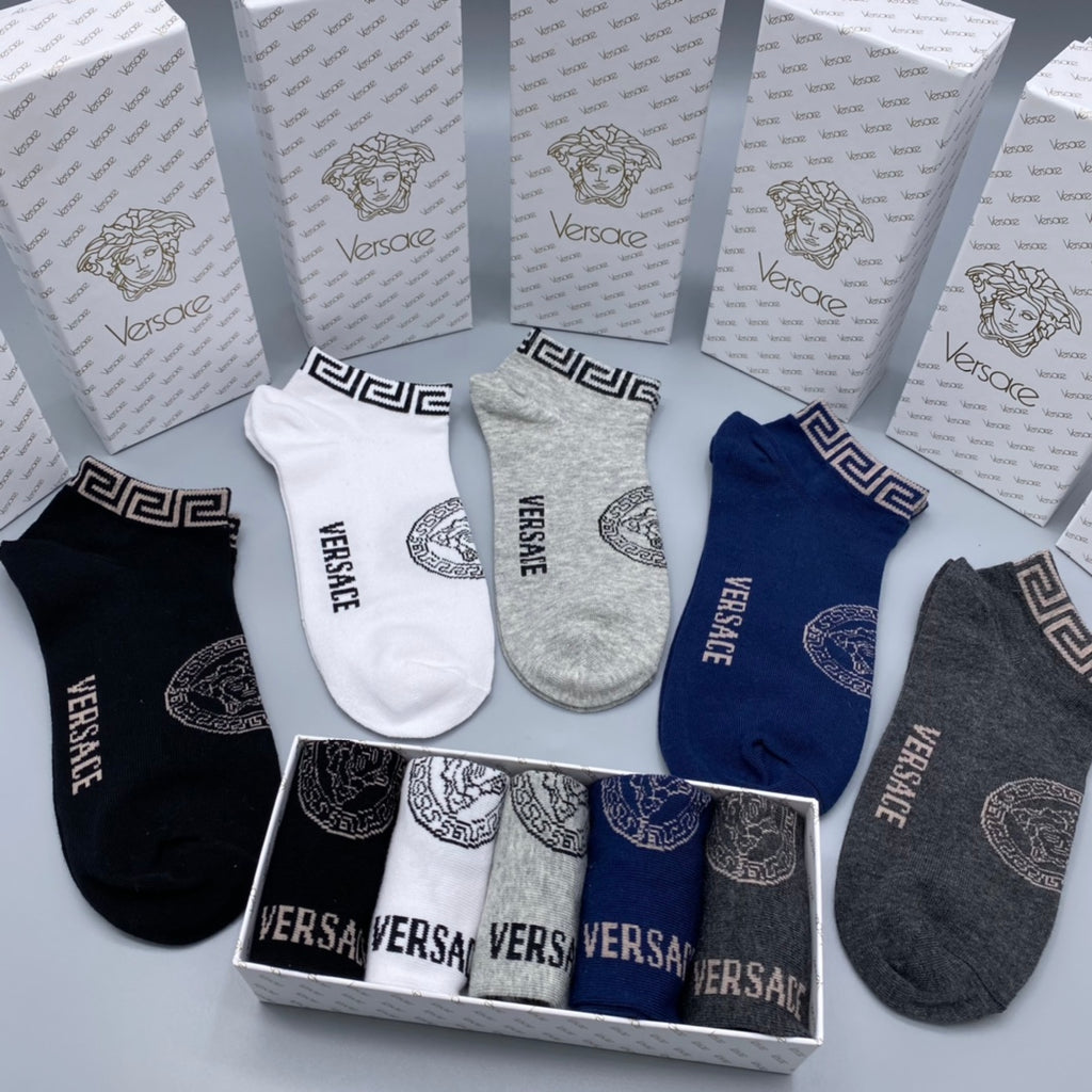 Versace Greek-Key And Letter Graphics Ankle Socks - 5-Pair Set