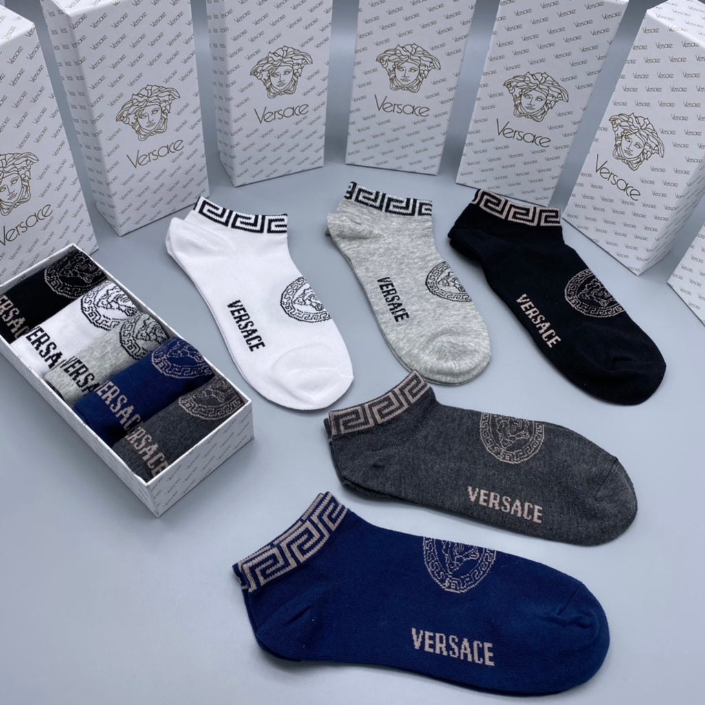 Versace Clean Wordmark Details Ankle Socks - 5-Pair Set