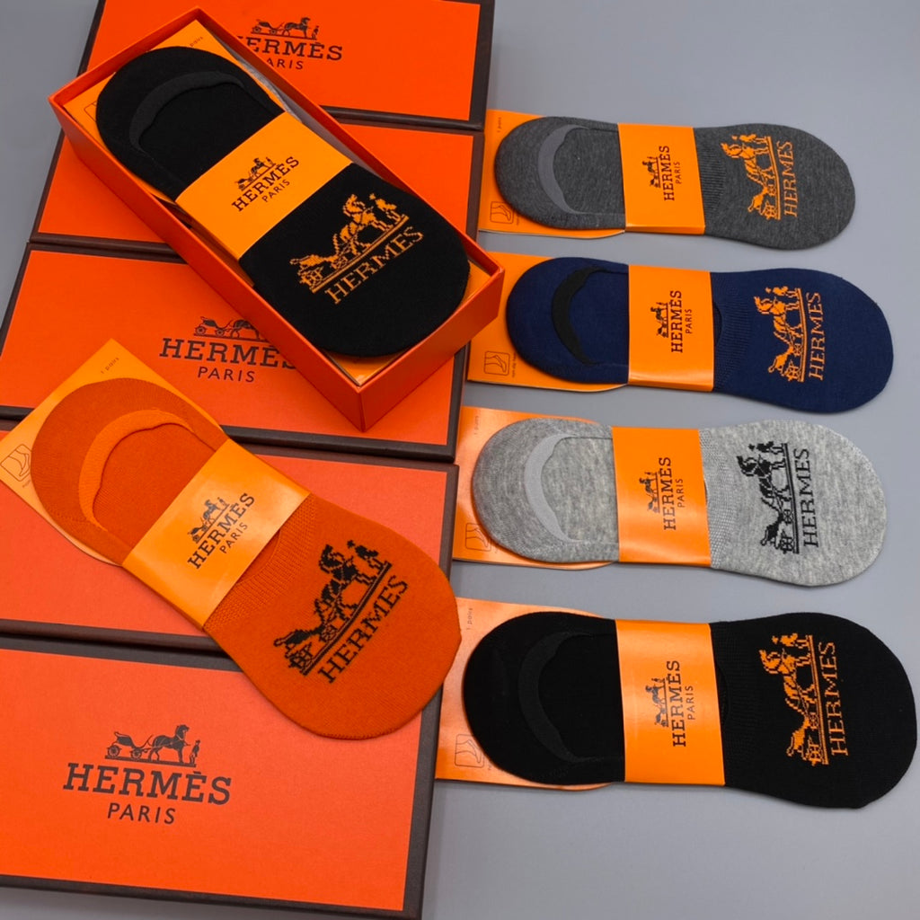Hermes Cotton Visible Cuff, Colour And Emblem Details No-Show Socks - 5-Pair Set