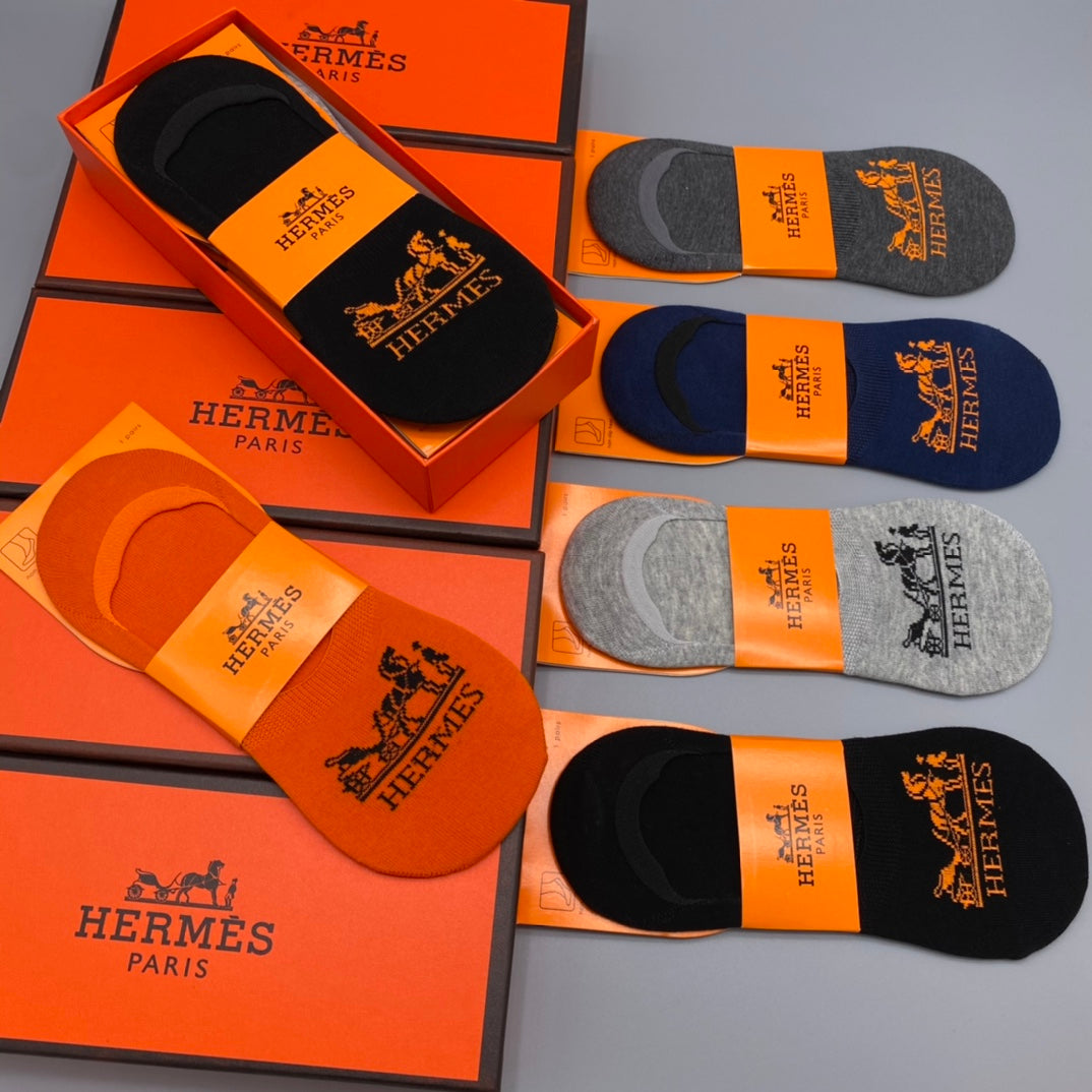 Hermes Cotton Visible Cuff, Colour And Emblem Details No-Show Socks - 5-Pair Set
