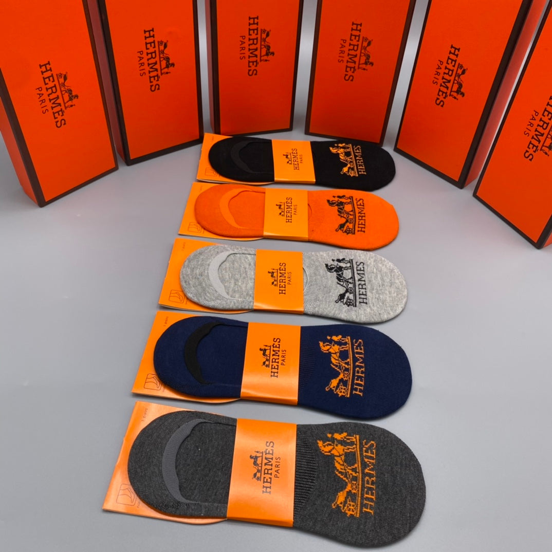 Hermes Cotton Visible Cuff, Colour And Emblem Details No-Show Socks - 5-Pair Set