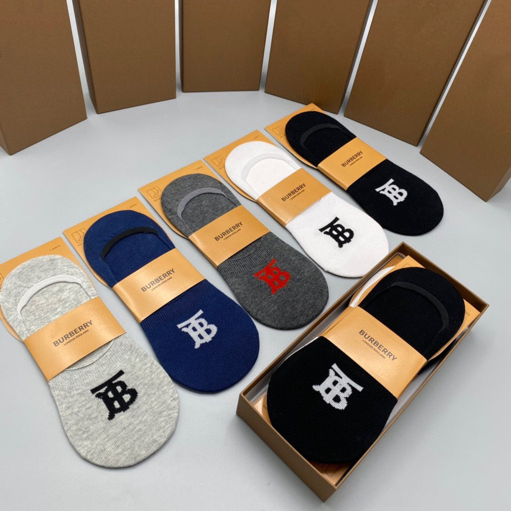 Burberry Cotton Visible Cuff, Colour And Emblem Details No-Show Socks - 5-Pair Set