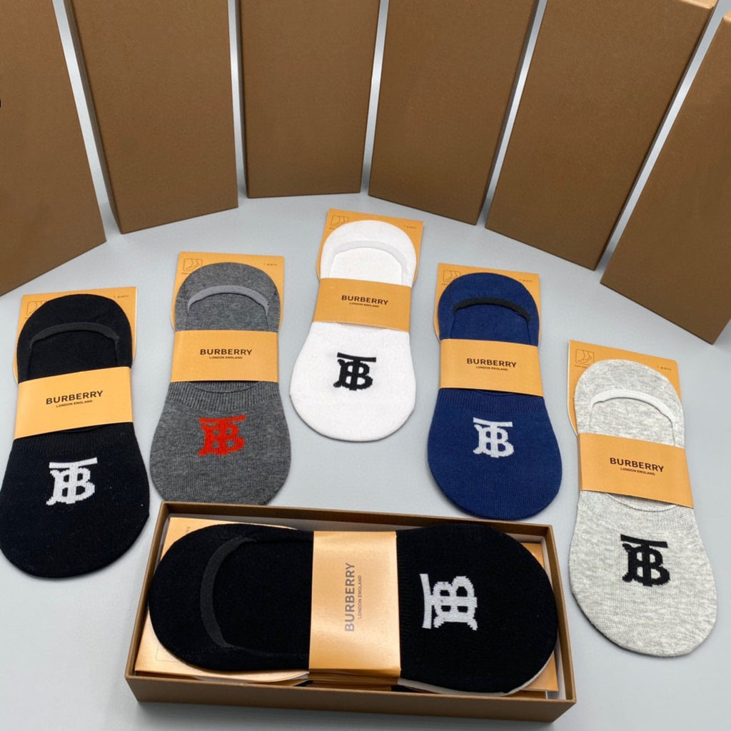Burberry Cotton Visible Cuff, Colour And Emblem Details No-Show Socks - 5-Pair Set