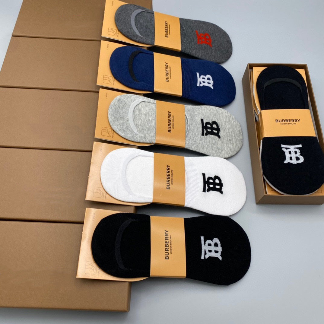 Burberry Cotton Visible Colour, Cuff And Emblem Details No-Show Socks - 5-Pair Set
