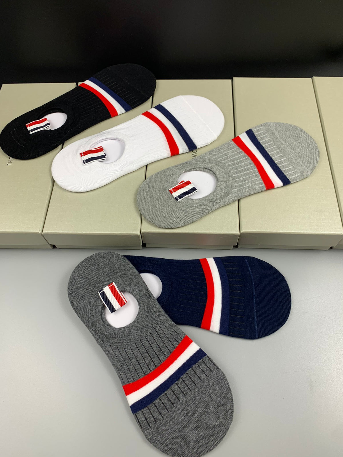 Thom Browne Cotton Red-White-Blue Stripe Details No-Show Socks - 5-Pair Set