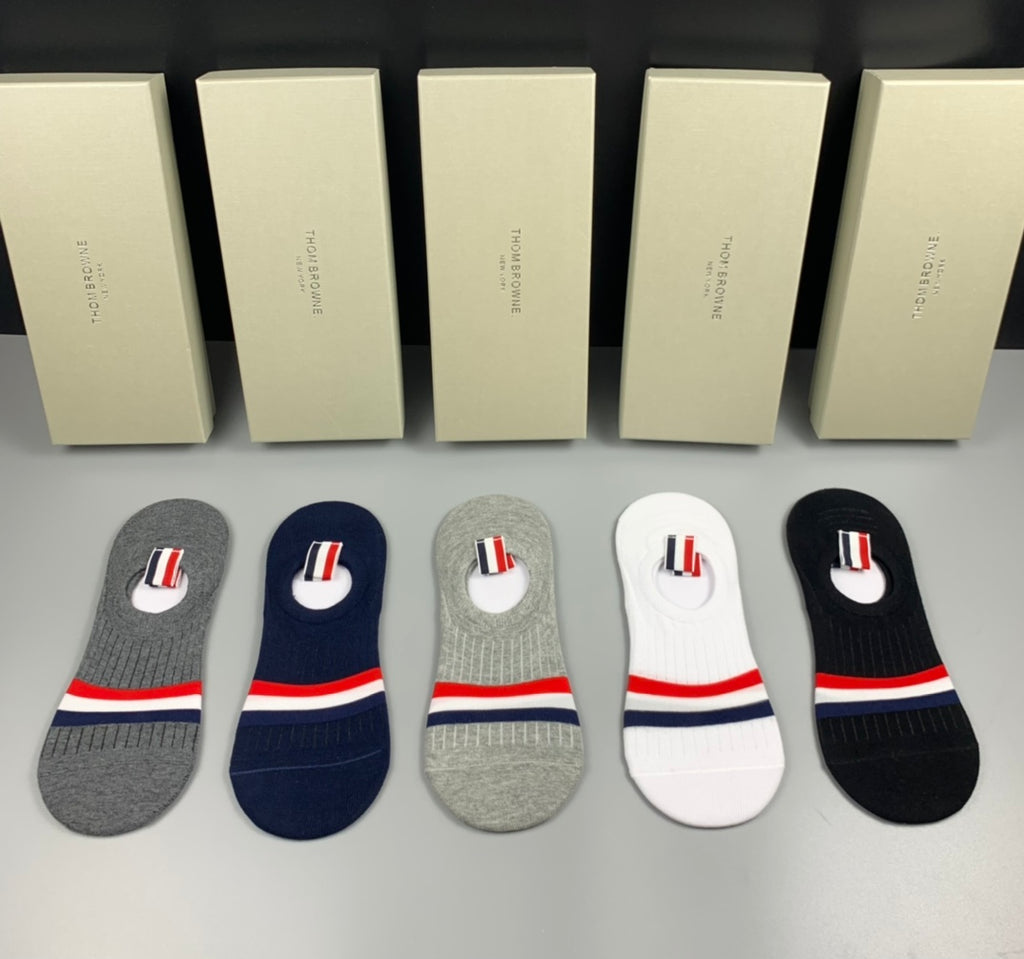 Thom Browne Cotton Red-White-Blue Stripe Details No-Show Socks - 5-Pair Set