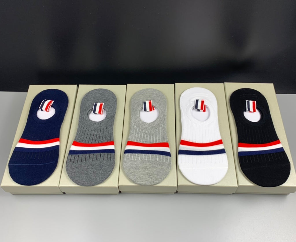 Thom Browne Cotton Red-White-Blue Stripe Details No-Show Socks - 5-Pair Set