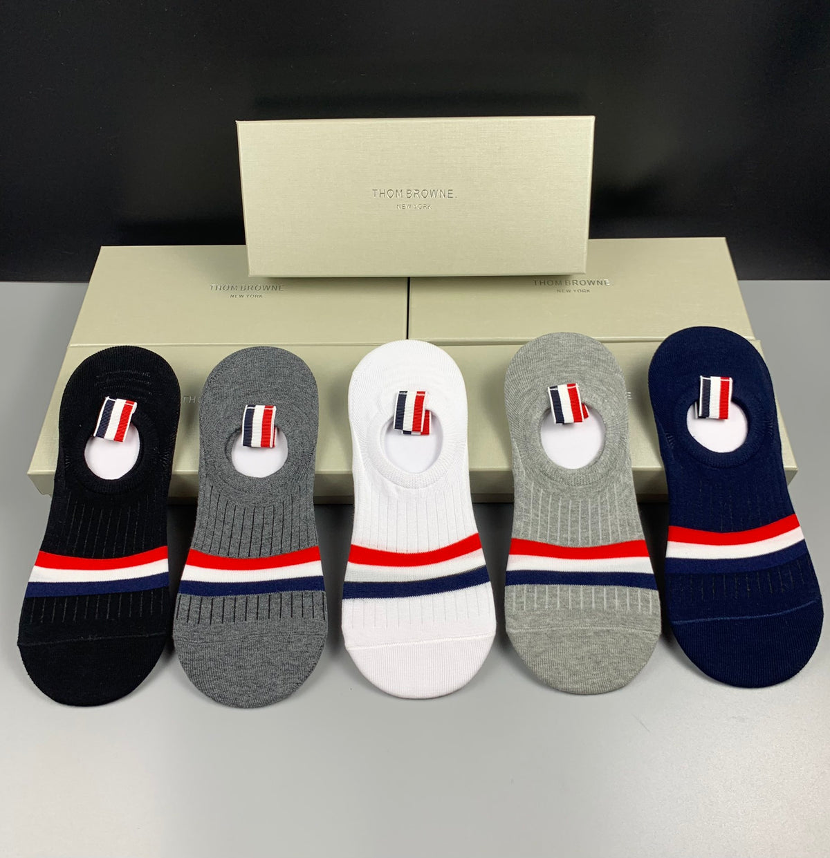 Thom Browne Tricolour Stripe Details No-Show Socks - 5-Pair Set