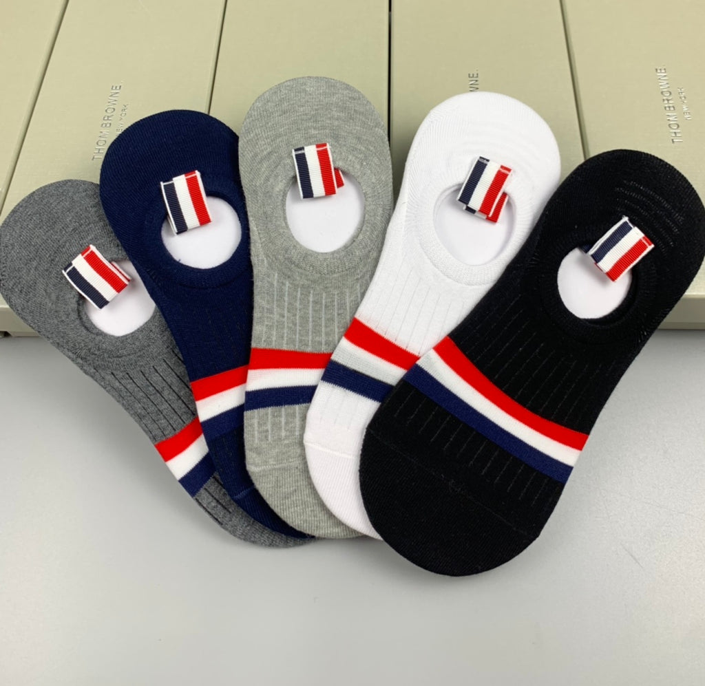 Thom Browne Cotton Red-White-Blue Stripe Details No-Show Socks - 5-Pair Set