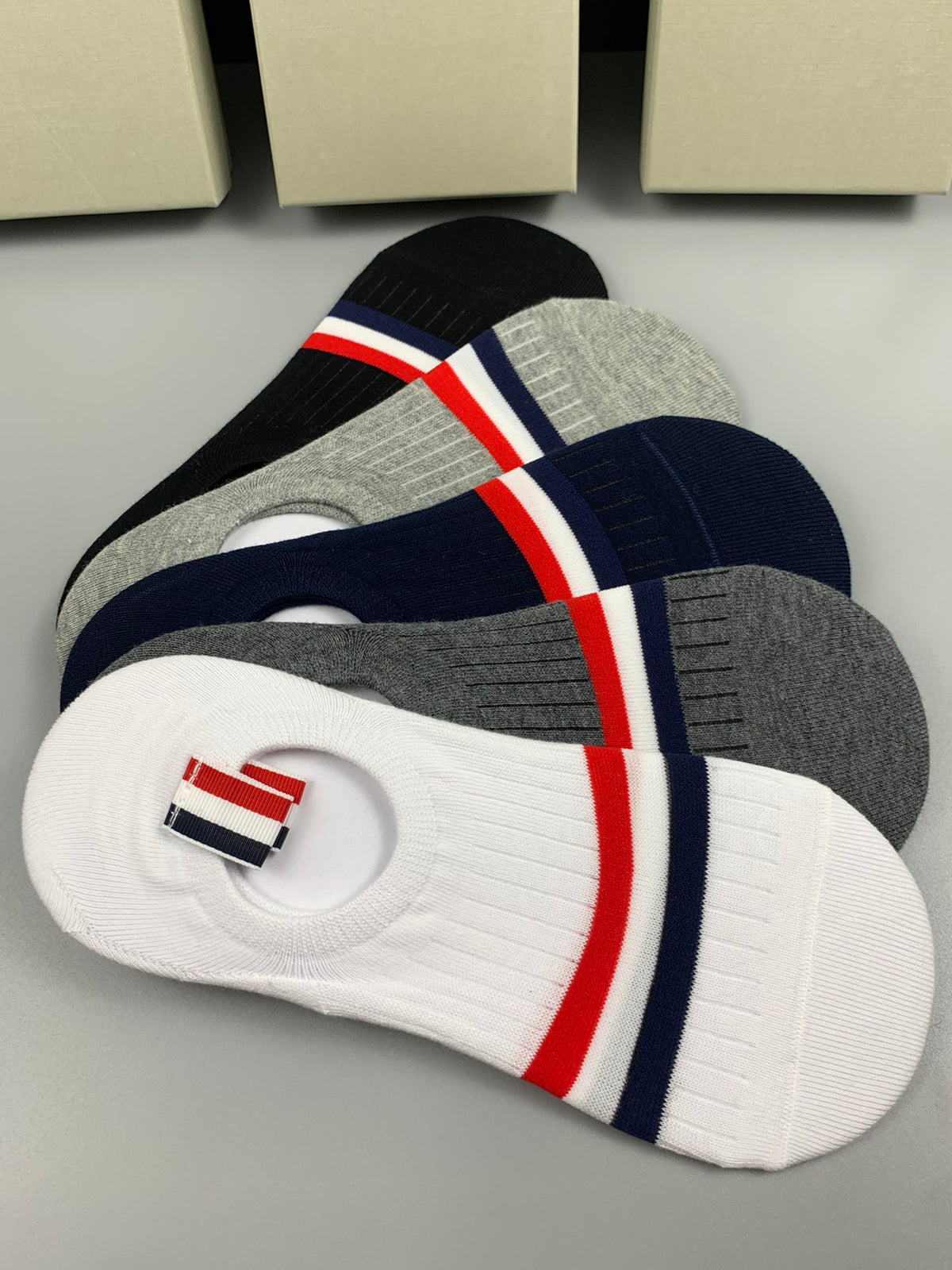 Thom Browne Cotton Red-White-Blue Stripe Details No-Show Socks - 5-Pair Set