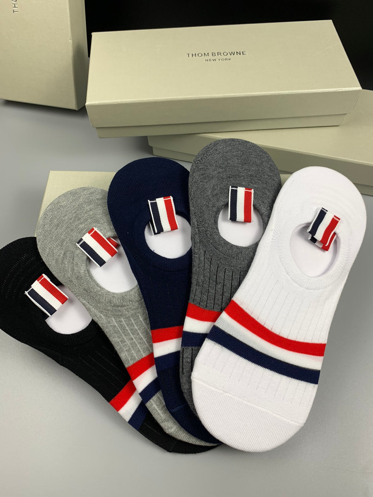 Thom Browne Tricolour Stripe Details No-Show Socks - 5-Pair Set