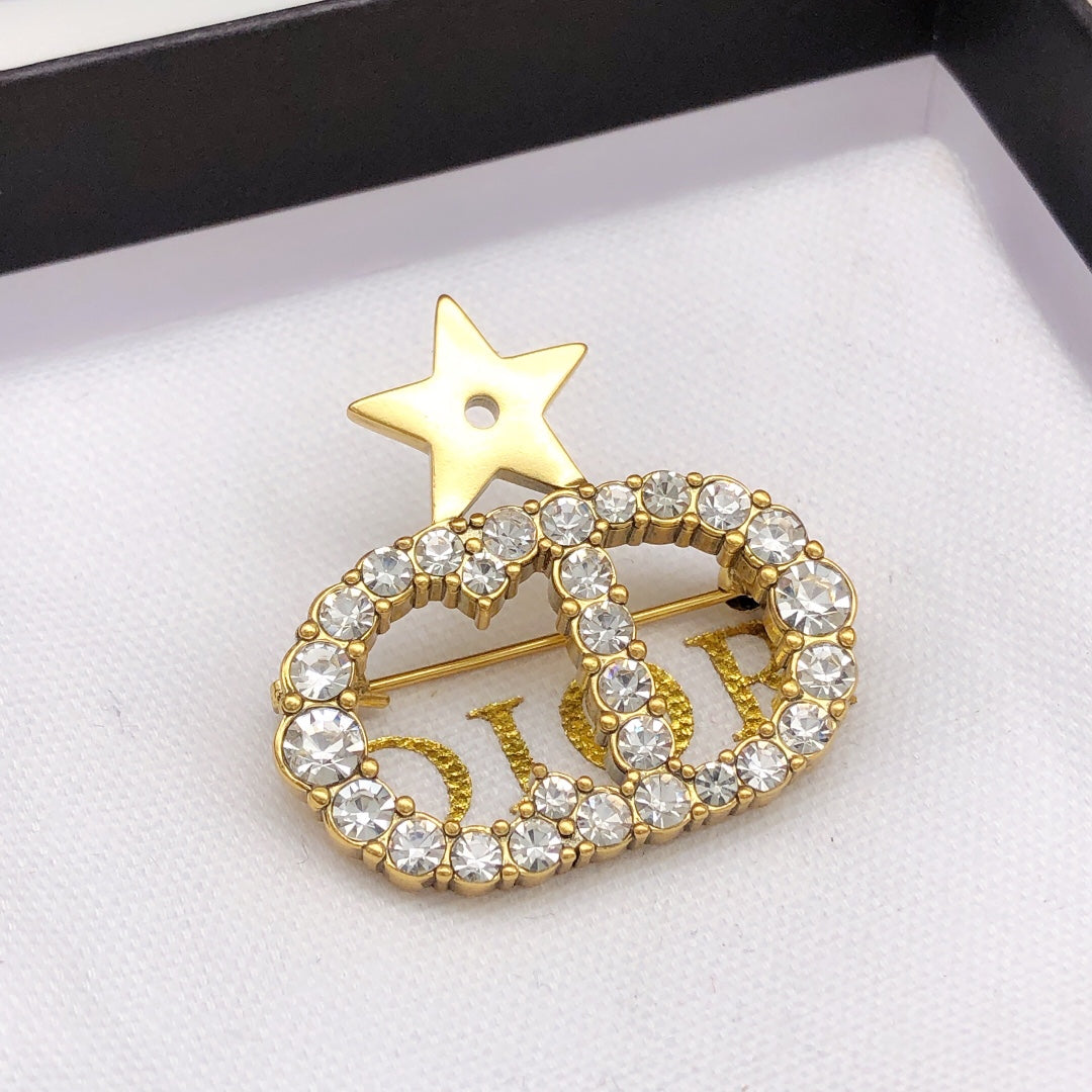 Bee Motif Brooch Pin in Polished Metal-Tone with Crystal-Style Accents front view