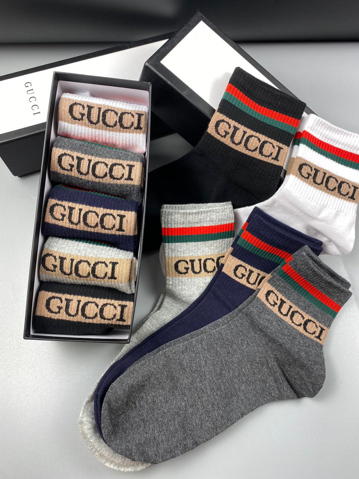 Gucci Red-And-Green Waistband Details Crew Socks - 5-Pair Set