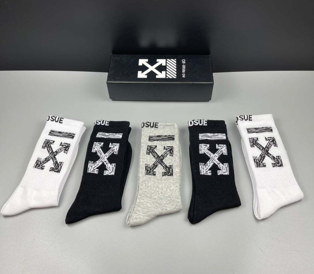 Off-White Cotton Visible Logo, Stripe Or Motif Details Crew Socks - 5-Pair Set
