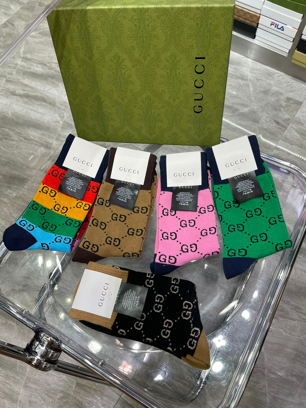 Gucci Cotton Repeating Monogram-Style Patterns Crew Socks