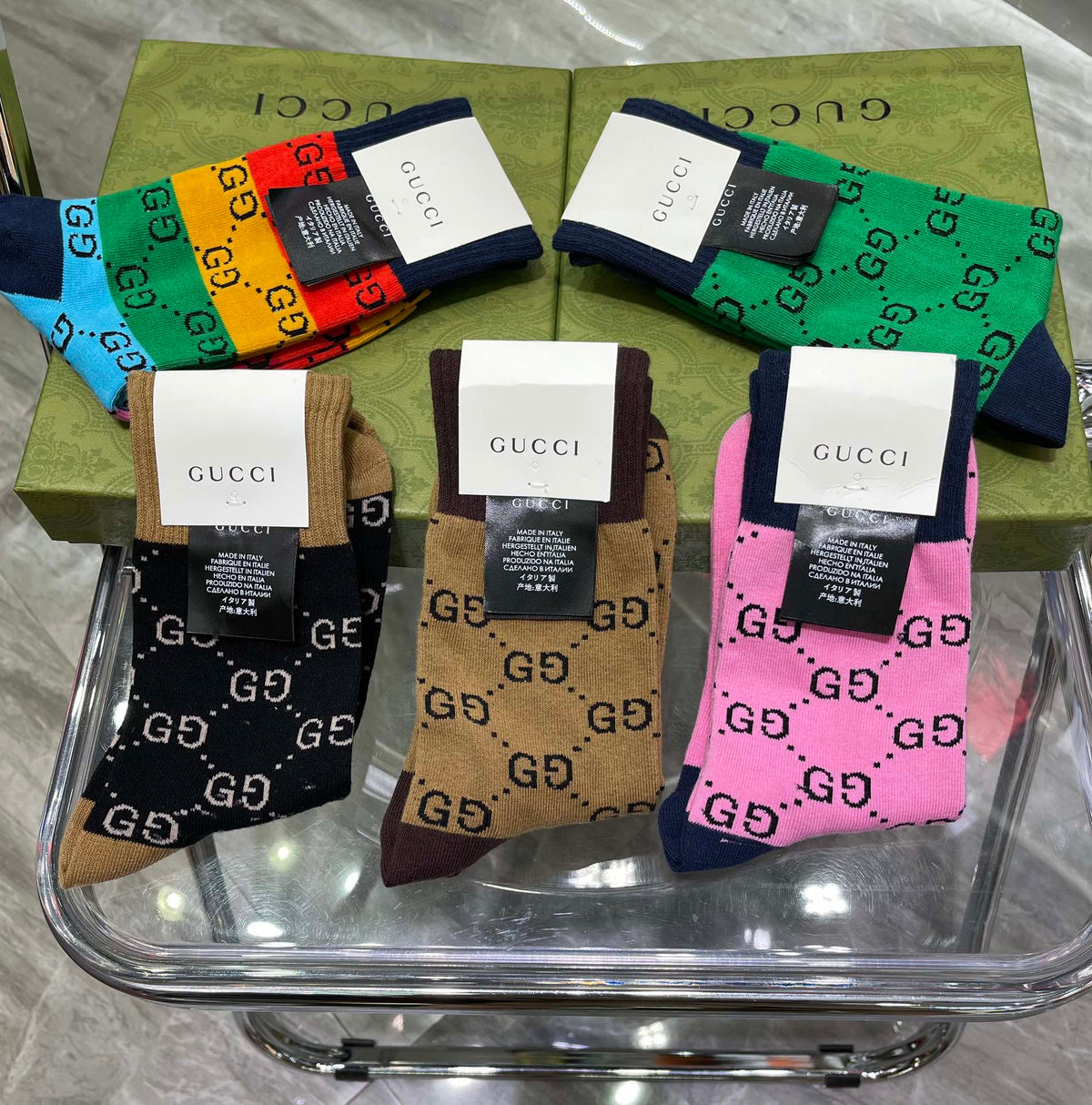 Gucci Cotton Repeating Monogram-Style Patterns Crew Socks