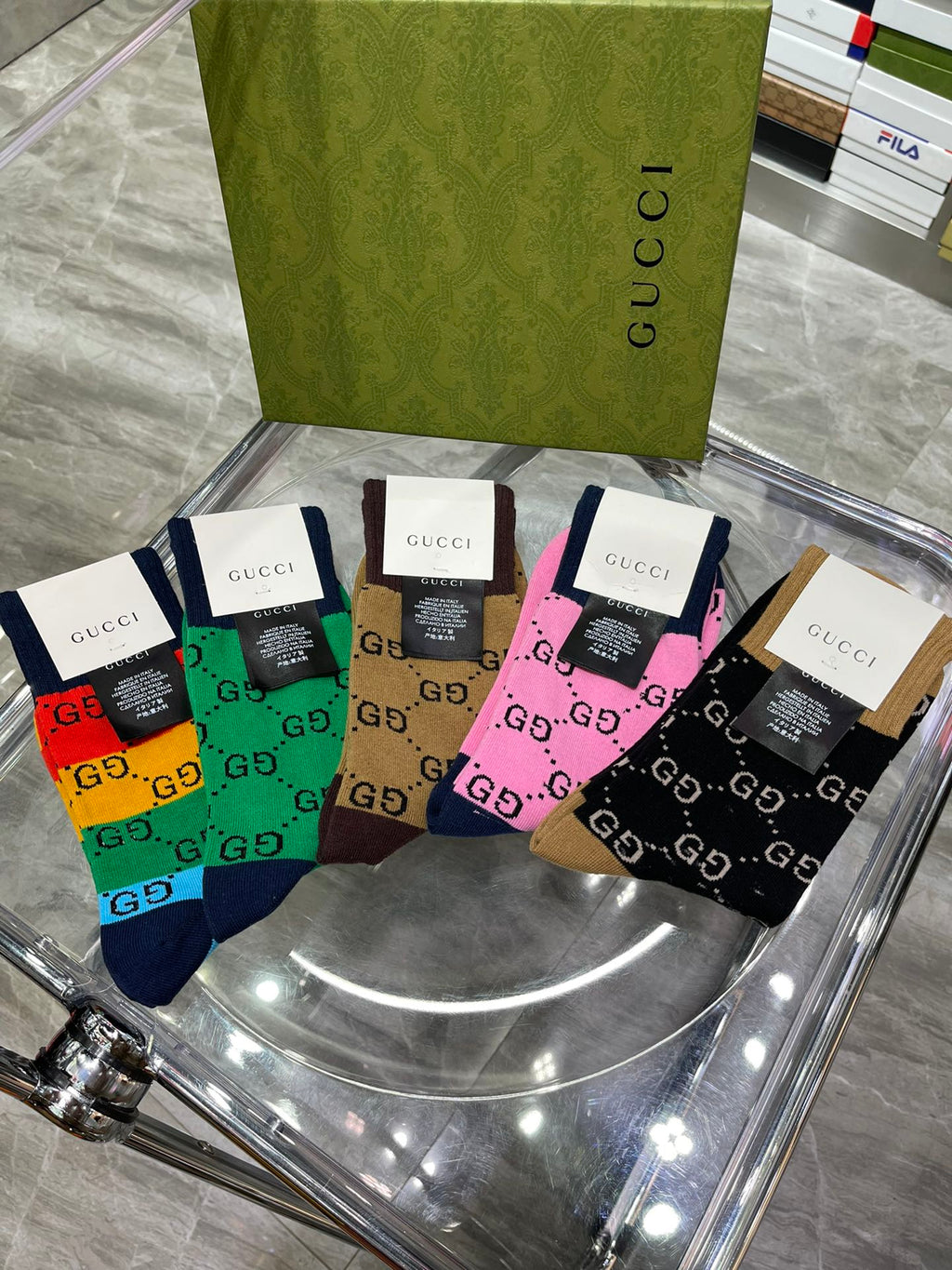 Gucci Cotton Repeating Monogram-Style Patterns Crew Socks