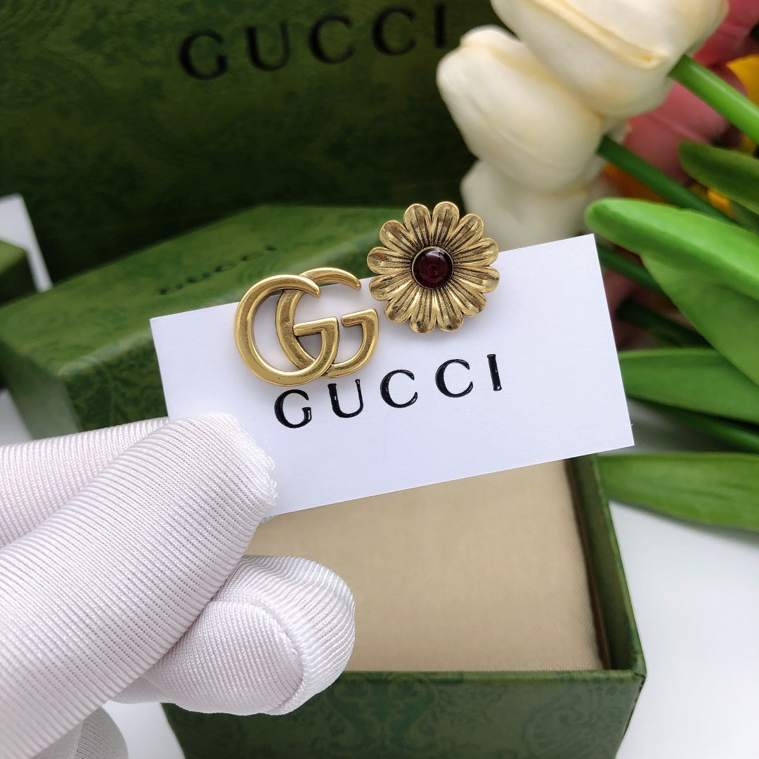 Floral Motif Statement Earrings in Polished Metal-Tone front view