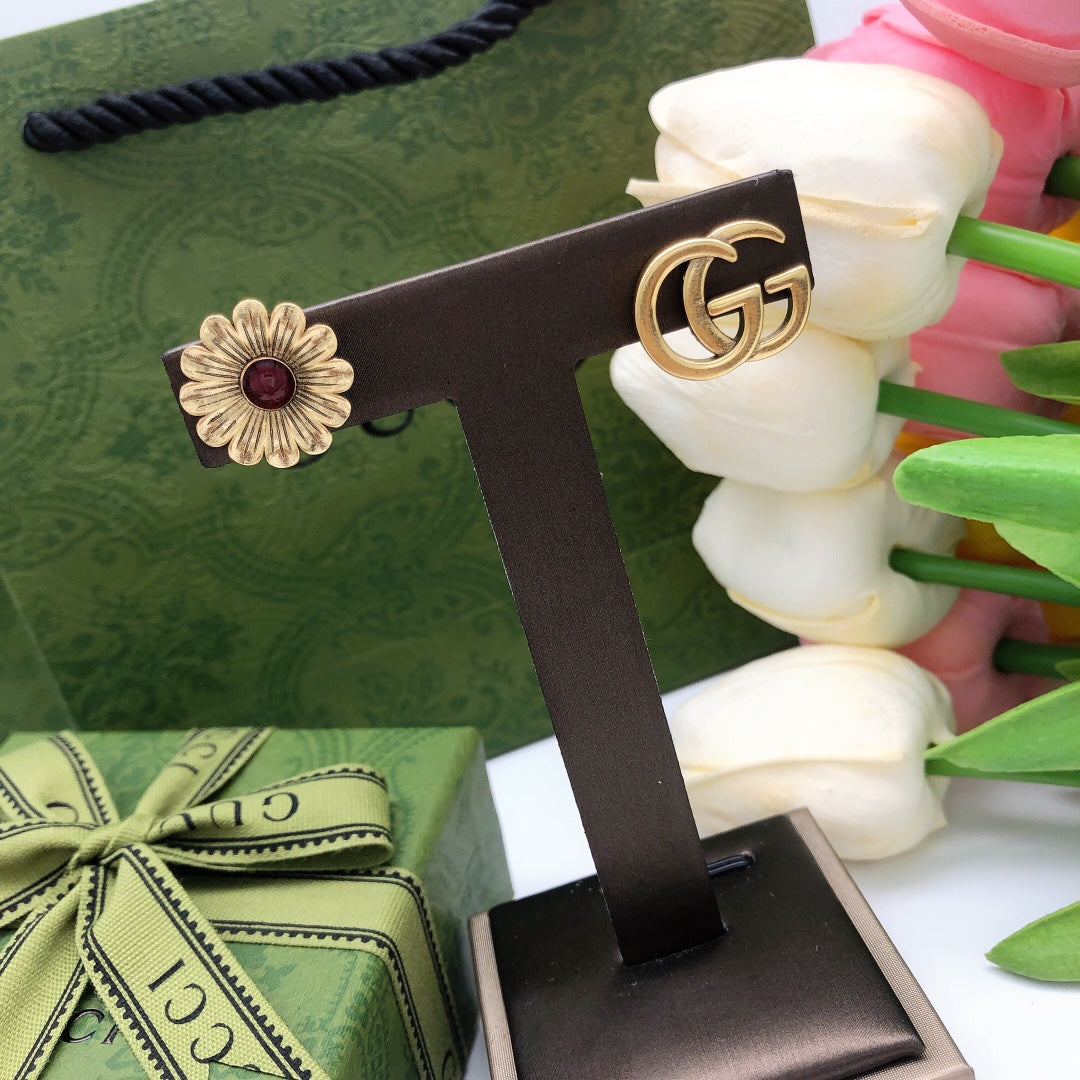 Floral Motif Statement Earrings in Polished Metal-Tone front view
