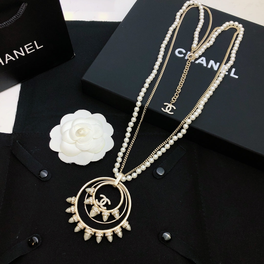 Double-C Emblem Pendant Necklace in Polished Metal-Tone – Design 004 styled product view