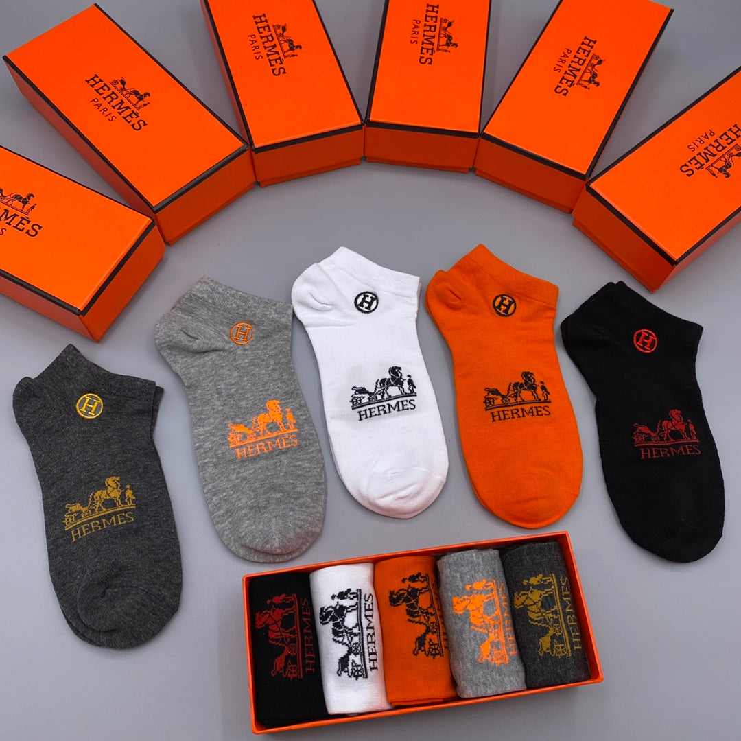 Hermes Horse And Wordmark Details No-Show Socks - 5-Pair Set